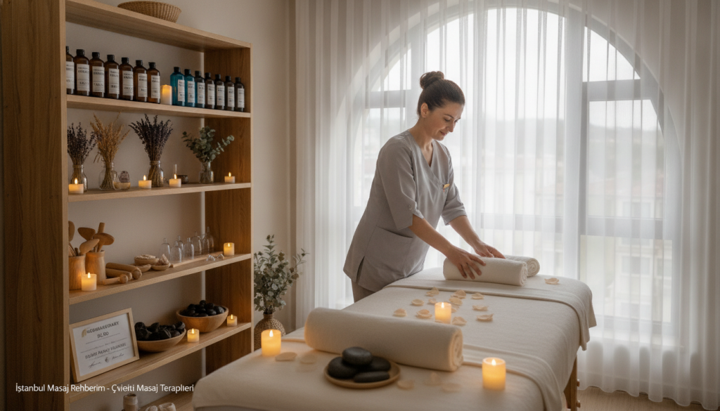 A serene and inviting massage therapy room in Esenyurt, featuring a massage table in the foreground surrounded by soothing decor. Soft, warm lighting casts gentle shadows, creating a calming atmosphere. In the middle, a well-organized shelf displays various massage oils and tools, emphasizing the diverse types of massage offered—such as aromatherapy and deep tissue therapy. The background shows a large window with sheer curtains, allowing natural light to filter in, enhancing the relaxation ambiance. A professional massage therapist, dressed in modest casual clothing, is preparing the space, exuding a sense of expertise and comfort. The overall mood is tranquil and inviting, ideal for showcasing the healing benefits of massage therapy from "İstanbul Masaj Rehberim."