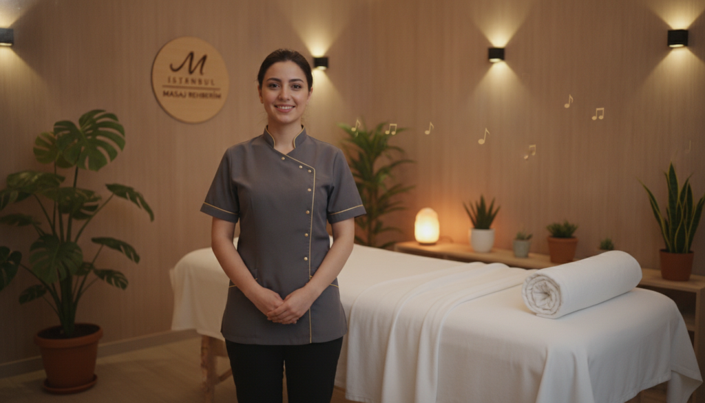 A serene and inviting massage therapy room in Maltepe, featuring a massage table draped with soft, white linens. In the foreground, a friendly, professional massage therapist in an elegant uniform stands with a welcoming smile, ready to assist clients. The middle ground showcases calming décor with warm wooden accents, soothing plants, and ambient lighting casting a gentle glow. In the background, subtle hints of relaxing music notes linger in the air, enhancing the tranquil atmosphere. The scene conveys relaxation and professionalism, inviting potential clients to feel at ease. The overall composition should evoke a sense of anticipation and comfort, emphasizing the experience of booking an appointment at "İstanbul Masaj Rehberim". Soft focus and a wide-angle lens capture the essence of the space.