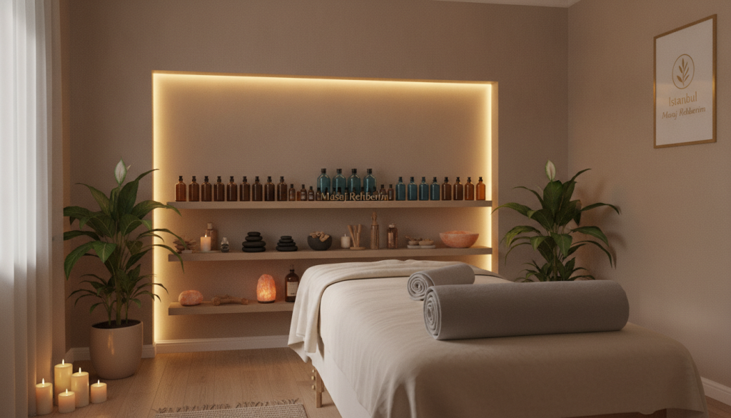 A serene and inviting massage therapy room in Şişli, designed for a professional environment. The foreground features a neatly arranged massage table, adorned with soft, neutral-toned linens, and surrounded by calming decor such as scented candles and indoor plants. In the middle ground, there are shelves with essential oils and therapeutic tools, conveying a sense of relaxation and comfort. The background showcases warm, ambient lighting that creates a tranquil atmosphere, with soft shadows enhancing the peaceful vibe. The image perspective is slightly angled to capture the depth of the room. The overall mood is calming and rejuvenating, inviting clients into a world of relaxation. Logo of "İstanbul Masaj Rehberim" is subtly integrated into the scene, emphasizing professionalism without overpowering the environment.