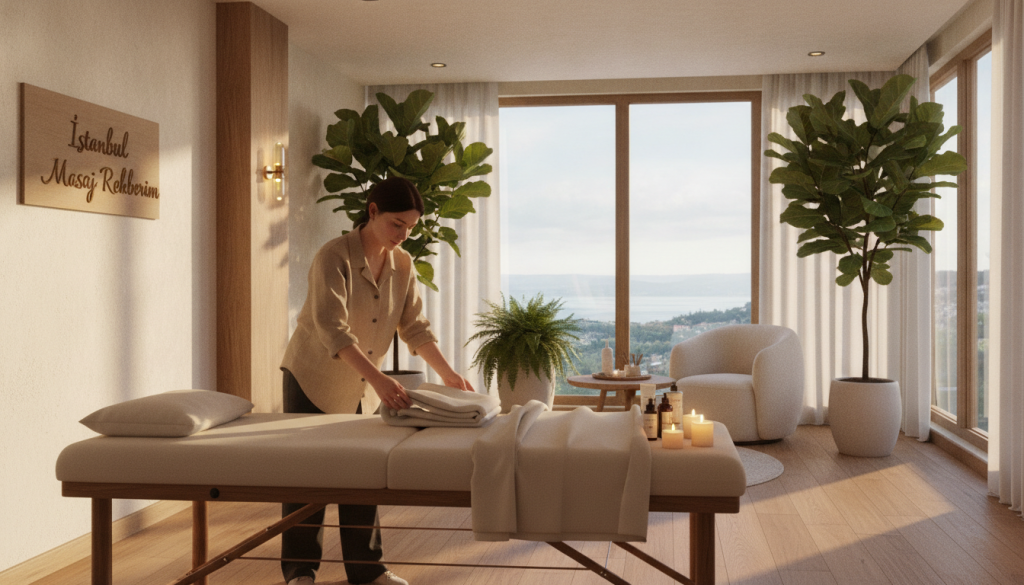 A serene and inviting massage therapy room showcasing the physical health benefits of massage treatments in Sarıyer. In the foreground, a professional therapist in modest casual attire is preparing a massage table with soft, plush linens, surrounded by soothing aromatherapy candles and gentle skincare products. In the middle, a comfortable seating area offers a clients' relaxation spot, featuring green plants that enhance the calming atmosphere. In the background, large windows allow natural light to flood the room, casting a warm, tranquil glow on the wooden decor. The overall mood is peaceful and rejuvenating, reflecting the healing essence of massage therapy services from "İstanbul Masaj Rehberim."