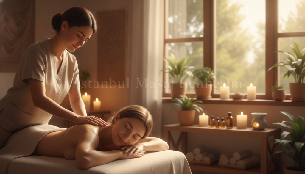 A serene and inviting massage therapy scene that showcases the benefits of massage. In the foreground, a professional massage therapist, dressed in modest casual attire, is gently massaging a client who appears relaxed and rejuvenated. Their serene expression and soft lighting emphasize comfort and tranquility. In the middle ground, a warm, softly-lit room adorned with plants, candles, and soothing elements like essential oils reflects a peaceful atmosphere. The backdrop features large windows allowing natural light to pour in, contributing to the calming ambiance. The image should evoke feelings of relaxation and well-being, highlighting the therapeutic environment. Faint outlines of the brand name "İstanbul Masaj Rehberim" subtly integrated into the scene without drawing attention, ensuring the focus remains on the therapy experience.