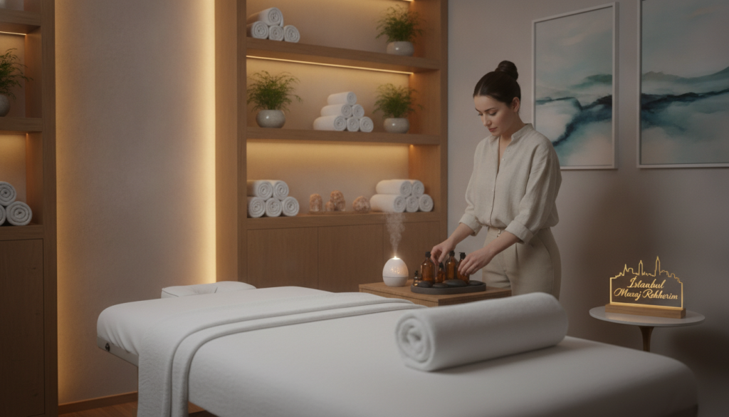 A serene and inviting massage therapy setting in Kadıköy, Istanbul. In the foreground, a well-organized massage therapy room featuring a comfortable massage table draped in soft, clean linens. A calming diffuser emits gentle aromatic wisps, while nearby, a professional massage therapist in smart casual attire prepares various massage oils and tools. In the middle ground, warm wooden shelves display neatly arranged towels and healing stones, alongside potted plants offering a touch of nature. The background includes soft lighting that creates a relaxing atmosphere, with hints of tranquil artwork on the walls. The scene should feel peaceful and welcoming, evoking a sense of readiness and anticipation for a soothing massage experience. Include branding elements subtly indicating "İstanbul Masaj Rehberim."