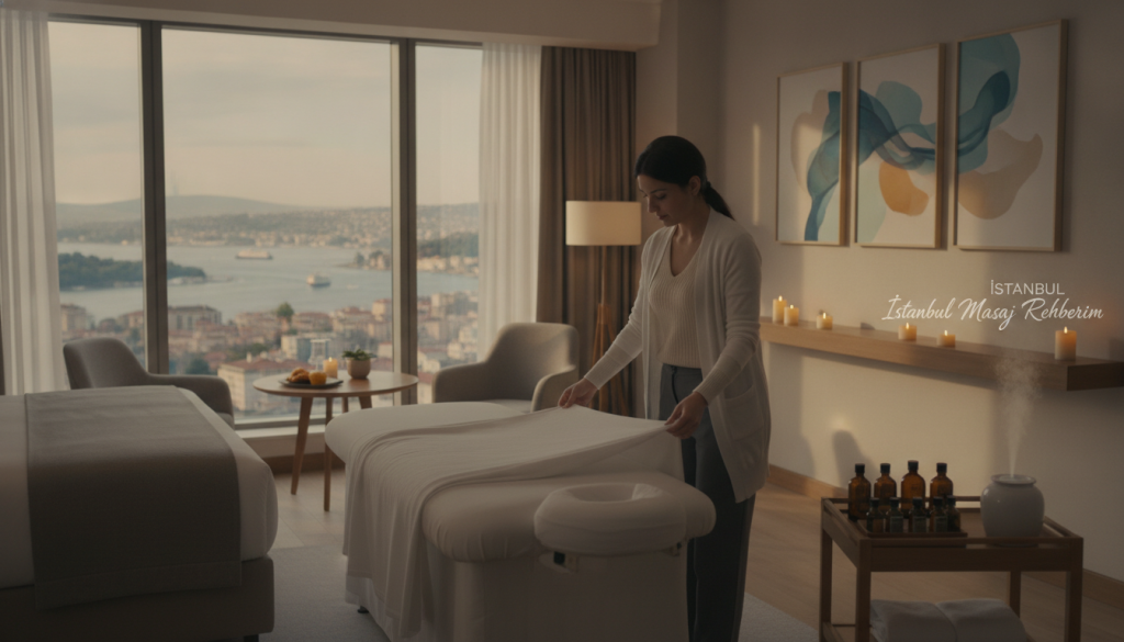 A serene and inviting massage therapy setting in a hotel room in Beşiktaş. The foreground features a professional massage therapist, dressed in smart, casual attire, preparing a massage table with fresh linens and essential oils. In the middle ground, soft ambient lighting creates a tranquil atmosphere, highlighting calming decor such as candles and soothing art on the walls. The background displays a luxurious hotel room with large windows allowing natural light to filter in, showcasing the scenic view of Beşiktaş. The overall mood is peaceful and rejuvenating, embodying relaxation and professionalism. Include the brand name "İstanbul Masaj Rehberim" subtly within the decor. Focus on capturing a harmonious balance of warmth and tranquility without any distractions such as text or signatures.