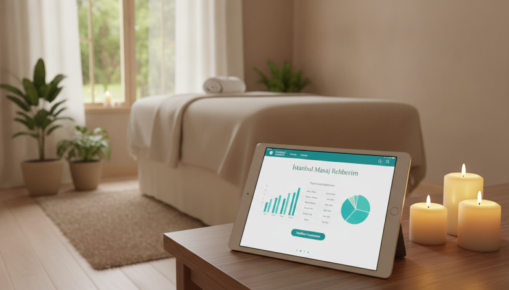 A serene and inviting massage therapy setting showcasing a sleek online comparison interface for massage prices. In the foreground, a stylish tablet displays an elegant website with graphs and prices prominently, representing "İstanbul Masaj Rehberim." The middle ground features a peaceful massage room with soft lighting, neutral tones, and a massage table adorned with fresh linens. Elements like scented candles and plants add to the calming atmosphere. In the background, gentle natural light filters through a window, creating a tranquil ambiance. The entire scene conveys a sense of professionalism and relaxation, emphasizing the ease of online booking. The photo should be taken from a slightly elevated angle to capture the room's layout fully and to provide a clean, polished look.