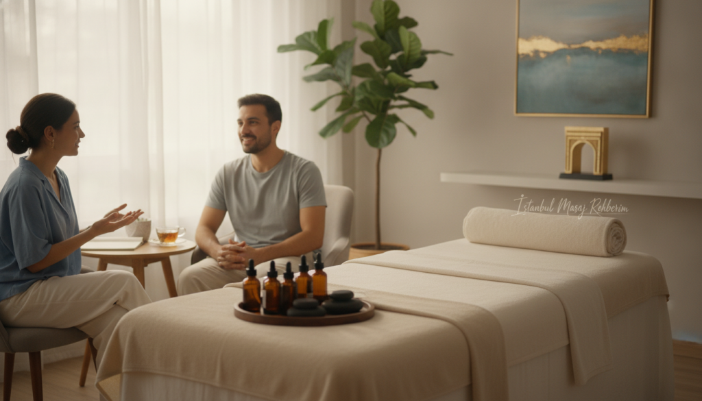 A serene and inviting massage therapy studio setting, showcasing a massage therapist engaged in a professional consultation with a client. The foreground features a therapist wearing business casual attire, demonstrating attentiveness and empathy. The middle ground includes a comfortable massage table adorned with soft towels and essential oils, evoking a sense of relaxation. In the background, there are calming elements like plants and soothing artwork, illuminated by soft natural light streaming through a window, creating a warm atmosphere. The image reflects professionalism and tranquility, emphasizing the importance of effective communication between the therapist and client. The brand name "İstanbul Masaj Rehberim" subtly integrated into the scene, enhancing the overall context without text.
