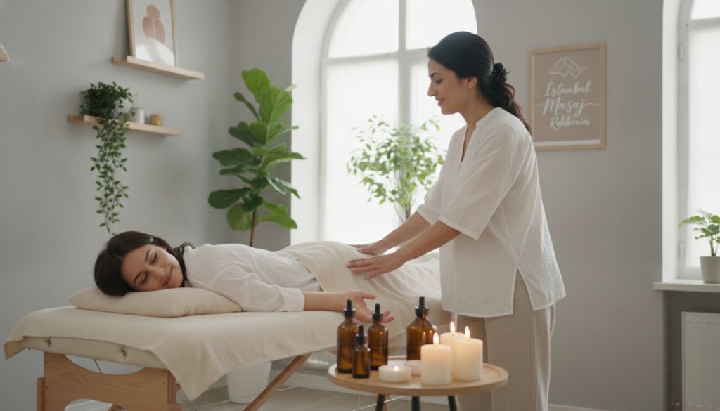 A serene and inviting physiotherapy massage therapy room in Kadıköy, featuring a professional therapist in modest casual clothing, engaged in a warm conversation with a client. The foreground showcases the therapist, a Middle-Eastern woman with a gentle smile, using her hands to demonstrate techniques on a massage table. The middle layer displays aromatherapy oils and soothing candles, enhancing the atmosphere of relaxation. The background features soft, natural light streaming through a large window, illuminating plants and calming artwork on the walls. The overall mood is tranquil and welcoming, reflecting the importance of communication and connection in therapy. Incorporate the brand name "İstanbul Masaj Rehberim" subtly in the environment, while maintaining focus on the therapist-client interaction.