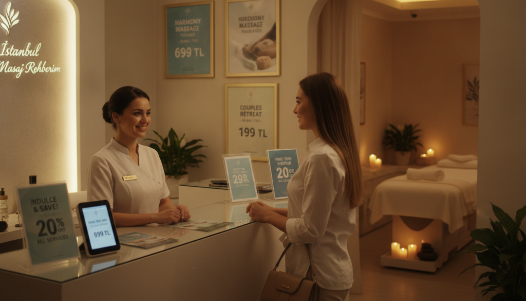 A serene and inviting scene depicting a luxurious massage salon in Ataşehir, showcasing promotional materials for massage services and discounts. In the foreground, a well-dressed massage therapist stands beside an elegant reception desk, smiling warmly and engaging with a potential client. In the middle ground, tasteful posters and brochures highlight special offers and pricing for relaxation therapies, with soothing colors like soft blues and greens. The background features a softly lit treatment room with calming decor, including candles and plants, suggesting tranquility. The lighting is warm and inviting, creating a peaceful atmosphere ideal for relaxation. The logo "İstanbul Masaj Rehberim" is subtly included in the decor. The atmosphere is professional yet welcoming, encouraging guests to explore the available deals.