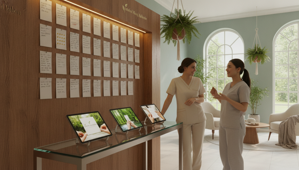 A serene and inviting scene in a modern wellness center in Başakşehir, showcasing a customer feedback wall filled with heartfelt reviews and star ratings. In the foreground, a stylish, elegant display with hands-on testimonials paired with serene nature imagery. The middle ground features a therapist dressed in professional attire, attentively listening to a satisfied client, both exuding a warm, welcoming atmosphere. The background shows a calm, well-lit room with soft, natural lighting filtering through large windows, decorated with lush greenery and soothing colors. The setting conveys tranquility and satisfaction, promoting a sense of wellness and community engagement. Include the brand name "İstanbul Masaj Rehberim" subtly integrated into the scene’s design elements.