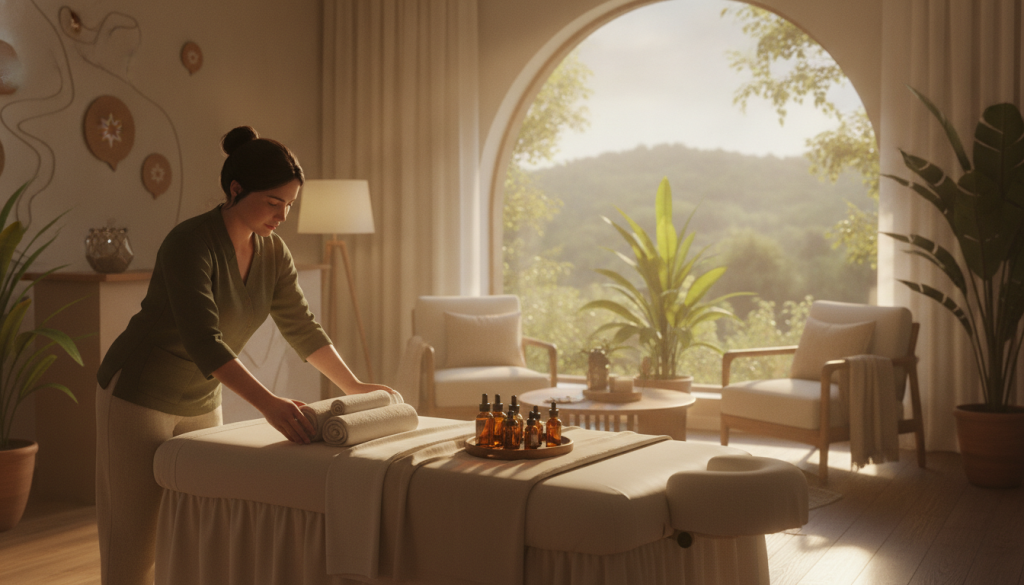 A serene and inviting scene of a massage therapy salon located in Sarıyer, Istanbul, showcasing a cozy interior with elegant decor. In the foreground, a professional-looking massage therapist in modest, casual attire gently prepares a massage table, surrounded by calming elements like soft towels and essential oils. In the middle, a relaxing waiting area features comfortable seating, ambient lighting, and plants that enhance the soothing atmosphere. In the background, a large window reveals the natural beauty of Sarıyer, with green trees and soft sunlight filtering through. The overall mood is tranquil and restorative, emphasizing the importance of social media reviews for massage therapy. The brand name "İstanbul Masaj Rehberim" is subtly integrated into the aesthetic without text, ensuring a focus on the environment and the massage experience.