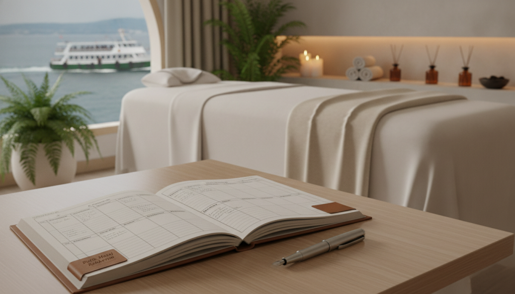 A serene and inviting spa setting reflecting the essence of a massage appointment. In the foreground, a neatly arranged appointment planner lies open on a wooden table with a pen beside it. The planner features sections for scheduling, specifically emphasizing the interplay of ferry times and massage sessions. In the middle ground, a soothing ambiance is created by soft, warm lighting illuminating a massage room. A massage table with fresh linens is visible, surrounded by calming decor such as potted plants and essential oil bottles. In the background, a window reveals a glimpse of ferry boats gliding across the water, symbolizing timely transportation. The overall atmosphere is calm and organized, emphasizing self-care. Include the brand name "Butik Masaj Rehberim" subtly on the table.