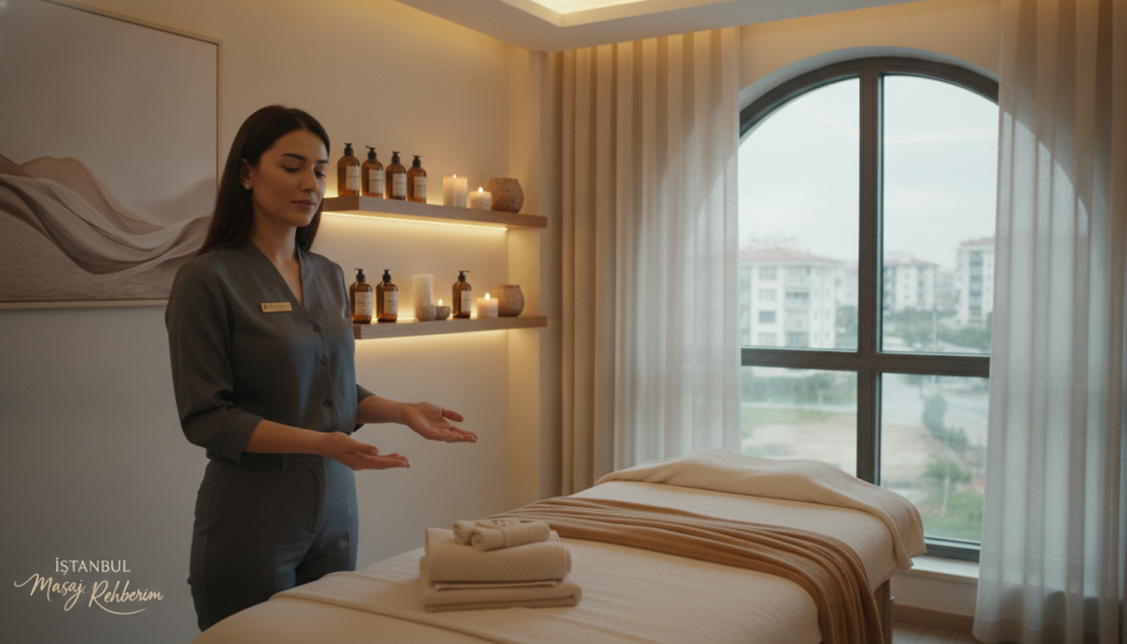 A serene and inviting therapy room is depicted in the foreground, featuring a professional female massage therapist in modest business attire, demonstrating a calming presence. She stands beside a well-prepped massage table adorned with soft, neutral towels. In the middle ground, soft ambient lighting creates a warm glow, enhancing the tranquil atmosphere. Shelves in the background are lined with professional massage oils and soothing candles, adding to the peaceful vibe. A large window allows gentle natural light to filter in, showcasing a subtle view of a quiet neighborhood in Beylikdüzü. The mood is relaxing and professional, emphasizing the quality of therapy and the importance of choosing a skilled therapist. The brand name "İstanbul Masaj Rehberim" is subtly suggested through the decor.