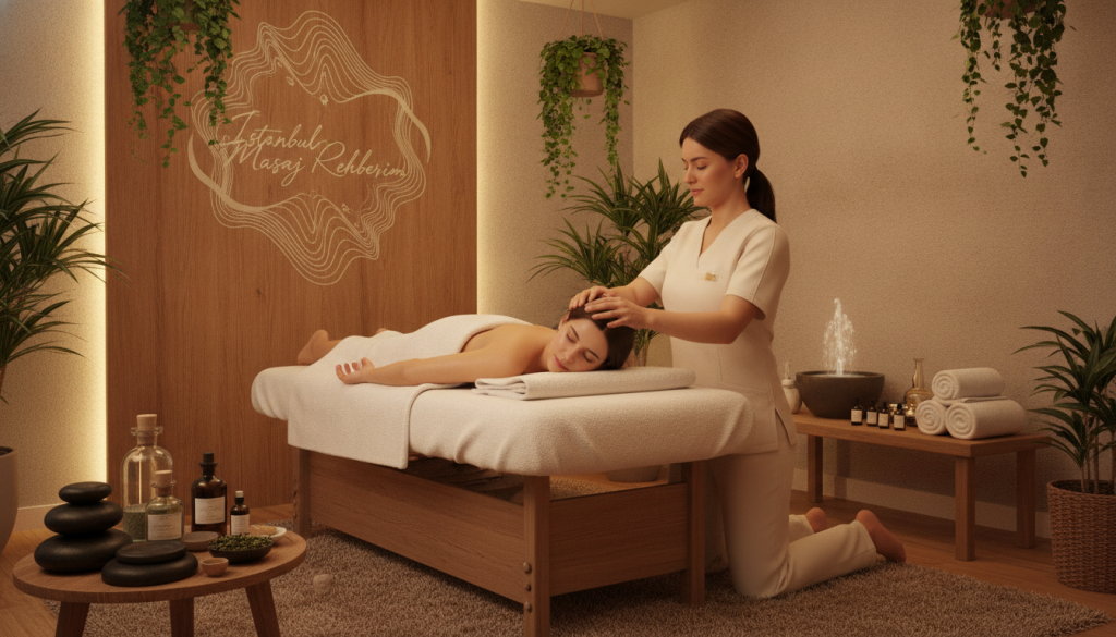 A serene and inviting therapy room, showcasing various massage techniques applied in Sancaktepe. In the foreground, a skilled therapist in professional attire adjusts the positioning of a client on a comfortable massage table, demonstrating a soothing touch. The middle ground features an array of massage tools such as stones, oils, and relaxation accessories, thoughtfully arranged. In the background, soft ambient lighting creates a calming atmosphere with warm hues, complemented by elegant decor and plants for relaxation. The scene conveys a sense of tranquility and professionalism, highlighting the essence of therapy types. Include the brand name "İstanbul Masaj Rehberim" subtly represented in the design elements, enhancing the overall feel without distractions. The composition should evoke peace and wellbeing, emphasizing therapeutic practices in a safe, comforting environment.