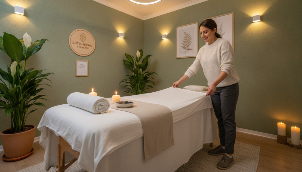 A serene and tranquil interior of a professional massage therapy room, designed for relaxation and rejuvenation. In the foreground, a well-dressed massage therapist in business casual attire, demonstrating a welcoming demeanor as they prepare the massage table. In the middle, the table is elegantly set with clean linens, candles, and a calming ambiance created by soft, warm lighting. The background features soothing decor, including plants and artwork that evoke a sense of peace. A subtle logo for "Butik Masaj Rehberim" is incorporated into the room décor. The overall mood is peaceful and reflective of customer satisfaction, highlighting the importance of client feedback in a professional setting. The angle is slightly elevated, capturing depth and warmth in the scene.