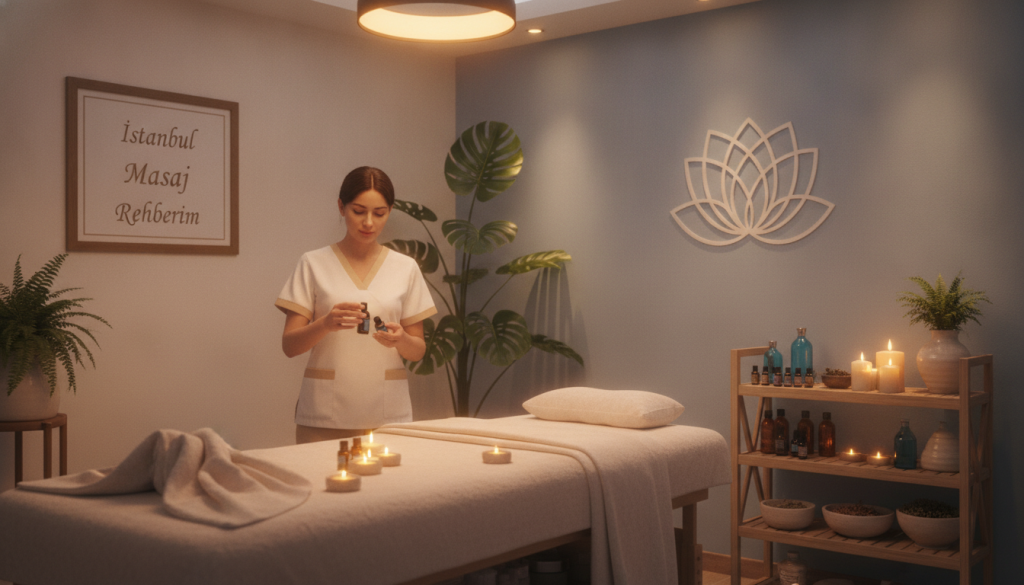 A serene and tranquil massage therapy scene set in a beautifully designed treatment room in Beşiktaş. Foreground features a skilled massage therapist in modest professional attire, preparing essential oils for aromatherapy. The therapist is focused and calm, reflecting a serene expression. Middle ground showcases a treatment table elegantly adorned with soft towels and aromatic candles, while a small shelf displays various essential oils artfully arranged. Background includes soothing decor elements like indoor plants, gentle ambient lighting, and soft-hued walls to create a peaceful atmosphere. The lighting is warm and inviting, casting a soft glow throughout the space. Capture the essence of holistic healing as an intersection of massage therapy and alternative medicine, emblematic of "İstanbul Masaj Rehberim".