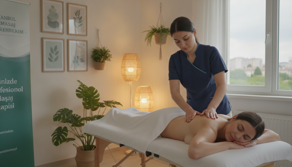 A serene home setting depicting a professional massage therapy scene in Ümraniye. In the foreground, a skilled massage therapist, dressed in smart casual attire, is gently providing a massage to a client on a massage table, both appearing relaxed and comfortable. The middle background features soft lighting from strategically placed lamps, creating a warm and inviting atmosphere. Calming decorations like plants and minimalist art adorn the walls. A window shows a peaceful view of the outdoors, enhancing the tranquil mood. The overall composition emphasizes relaxation and comfort, highlighting the advantages of at-home massage therapy services offered by "İstanbul Masaj Rehberim". The image should evoke feelings of wellness and serenity, with a focus on the therapeutic experience.
