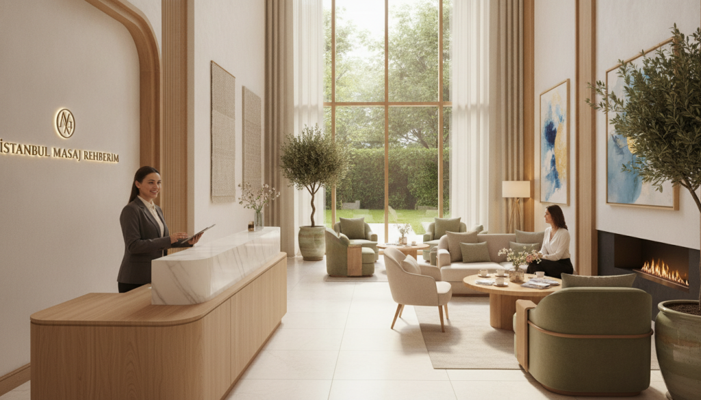 A serene hotel lobby designed for a massage therapy center, showcasing elegant décor and a welcoming atmosphere. In the foreground, there is a stylish reception desk with a professional staff member in business attire warmly greeting guests. The middle ground features comfortable seating areas with soothing, neutral tones and lush indoor plants, creating a tranquil vibe. The background shows large windows allowing natural light to flood the space, illuminating the calming art on the walls and soft textures in the furniture. The overall mood is peaceful and inviting, emphasizing relaxation. The image incorporates the brand name "İstanbul Masaj Rehberim" discreetly integrated into the scene, reflecting the theme of understanding hotel policies in a professional setting.