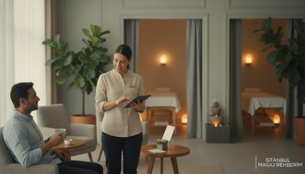 A serene hotel reception area in Beyoğlu, elegantly decorated with soft lighting and calming colors. In the foreground, a professional massage therapist in smart casual clothing is interacting warmly with a guest who looks relaxed and attentive, discussing the appointment process. The middle ground features a cozy waiting area with comfortable chairs and potted plants, creating a welcoming environment. In the background, a glimpse of tranquil massage rooms with soothing decor can be seen. The mood is calm and inviting, emphasizing relaxation and professionalism. Soft, natural light filters through large windows. Include a subtle logo for "İstanbul Masaj Rehberim" in the corner of the image, maintaining an overall polished aesthetic without distractions.