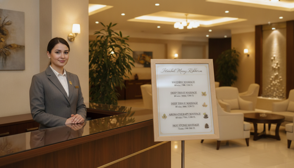 A serene hotel setting in Şişli, showcasing a well-organized massage therapy pricing board. In the foreground, a sleek wooden reception desk with a professional receptionist dressed in business attire, attentively supporting a tranquil ambiance. In the middle, an elegant pricing panel displaying various massage options, including Swedish, deep tissue, and aromatherapy, all beautifully framed within a warm, inviting atmosphere. The background features a tastefully decorated hotel lobby with soft lighting, plush seating, and calming decor, promoting relaxation. The mood should convey professionalism and comfort, emphasizing the importance of transparent pricing in wellness services. The image should also subtly incorporate the brand name "İstanbul Masaj Rehberim" within the design. Aim for a wide-angle shot that captures the entire scene, focusing on clarity and detail.