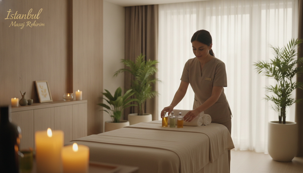 A serene hotel spa environment in Fatih, Istanbul, showcasing a massage therapist preparing for a session. In the foreground, a professionally dressed therapist in modest casual attire is thoughtfully arranging aromatherapy oils and soft towels on a massage table. The middle ground features a tranquil, softly lit treatment room with calming natural elements like light wooden accents, potted plants, and gentle candlelight casting a warm glow. In the background, large windows allow natural light to filter through sheer curtains, creating a peaceful atmosphere. The overall mood is one of relaxation and professionalism, with an emphasis on wellness and rejuvenation. The brand name "İstanbul Masaj Rehberim" is subtly represented in the decor, enhancing the luxurious feeling of the environment.