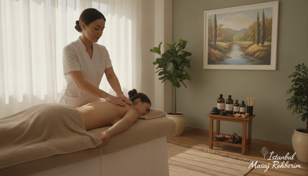 A serene indoor massage therapy room, softly lit by natural light filtering through sheer curtains. In the foreground, a massage therapist in a professional white uniform is demonstrating various massage techniques on a massage table, focused and attentive. The therapist has a calm expression, showcasing professionalism. In the middle, you can see an array of massage oils and tools neatly arranged on a side table, with a relaxing ambiance featuring soft, neutral colors. In the background, soothing artwork depicting nature hangs on the wall, enhancing the tranquil atmosphere. The overall mood is peaceful and inviting, perfect for illustrating massage techniques. Branded subtly in the corner of the scene is "İstanbul Masaj Rehberim."