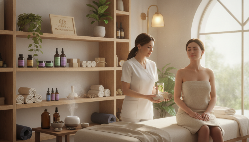 A serene interior scene of a massage therapy center in Çekmeköy, focusing on post-session care. In the foreground, a therapist in professional attire helps a relaxed client seated on a massage table, surrounded by calming elements like soft towels and herbal oils. In the middle, shelves display various wellness products and essential oils, while tranquil plants add a touch of nature. The background features soft, ambient lighting, with gentle diffused light coming from stylish lamps, creating a soothing atmosphere. A glass window allows natural light to spill in, enhancing the sense of tranquility. The brand name "İstanbul Masaj Rehberim" is subtly integrated into the decor. Overall, the image conveys relaxation, professionalism, and aftercare in a cozy, inviting environment.
