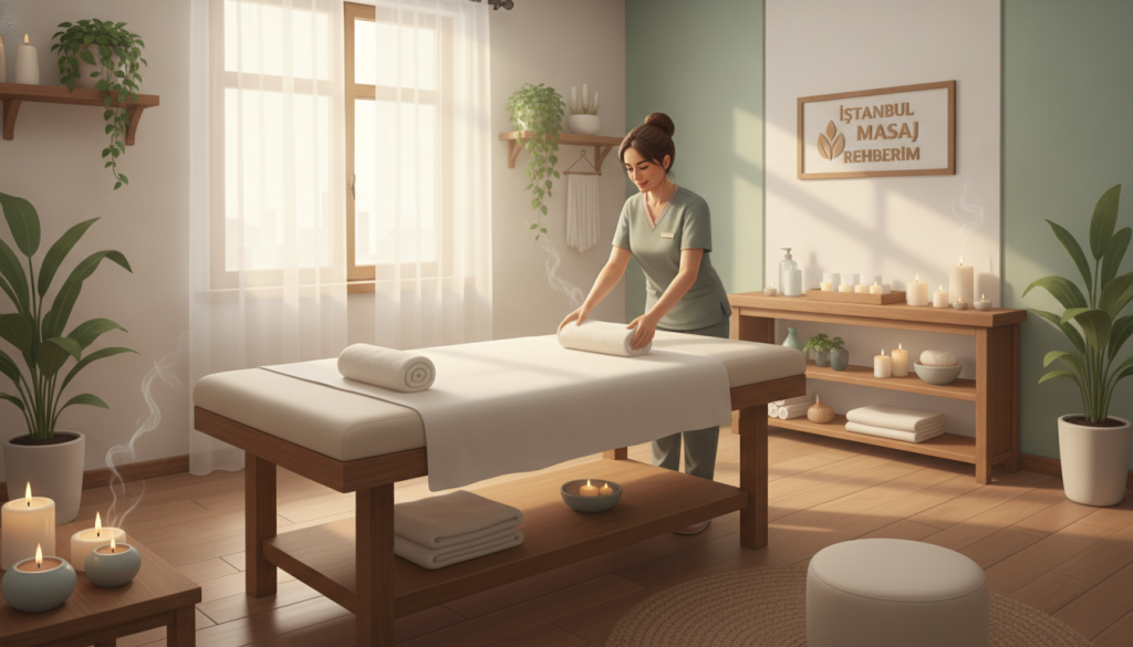 A serene interior setting designed for massage therapy, highlighting the comforting atmosphere of a typical Maltepe massage service. In the foreground, a professional massage therapist in modest, casual clothing is preparing a massage table adorned with soft, fluffy towels and aromatic candles, creating an inviting environment. In the middle ground, a calming image of a neatly organized room with soft, diffused lighting from a nearby window, enhancing the tranquility. The background features soothing colors, such as light greens and creams, with potted plants adding a touch of nature. The mood is peaceful and relaxing, embodying a sense of wellness and professionalism, branded subtly with "İstanbul Masaj Rehberim" in the ambiance, but without any text overlay. The composition captures an inviting essence, perfect for illustrating FAQ about massage services.