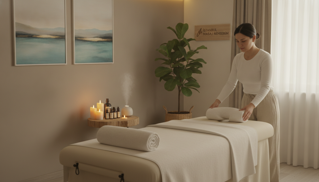 A serene living room in Bakırköy, prepared for home massage therapy. In the foreground, a soft, neutral-colored massage table is elegantly dressed with clean white sheets. Beside it, aromatic candles softly flicker, and essential oils are neatly arranged on a small wooden side table. In the middle background, a lush potted plant adds a touch of greenery, while calming artwork adorns the walls, radiating tranquility. The lighting is warm and inviting, creating a peaceful atmosphere. A professional massage therapist, dressed in modest casual clothing, is seen adjusting the massage table with a focused expression. The overall mood is relaxing and peaceful, emphasizing readiness for a therapeutic experience. Include the brand name "İstanbul Masaj Rehberim" subtly integrated into the decor.