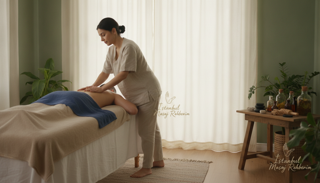 A serene massage therapy room, featuring a comfortable massage table with soft, neutral linens. In the foreground, a professional therapist, dressed in modest casual clothing, demonstrates various techniques on a client who is wearing appropriate attire. The therapist is using traditional Sultangazi therapeutic massage techniques, highlighted by gentle hand movements and a focused expression. The middle ground reveals an array of massage oils and tools, neatly arranged on a wooden table to enhance the ambiance. In the background, soft natural light filters through sheer drapes, casting a warm glow and creating a calming atmosphere. The overall mood is tranquil and healing, embodying the essence of therapeutic massage, branded subtly with the logo "İstanbul Masaj Rehberim" in the design elements.