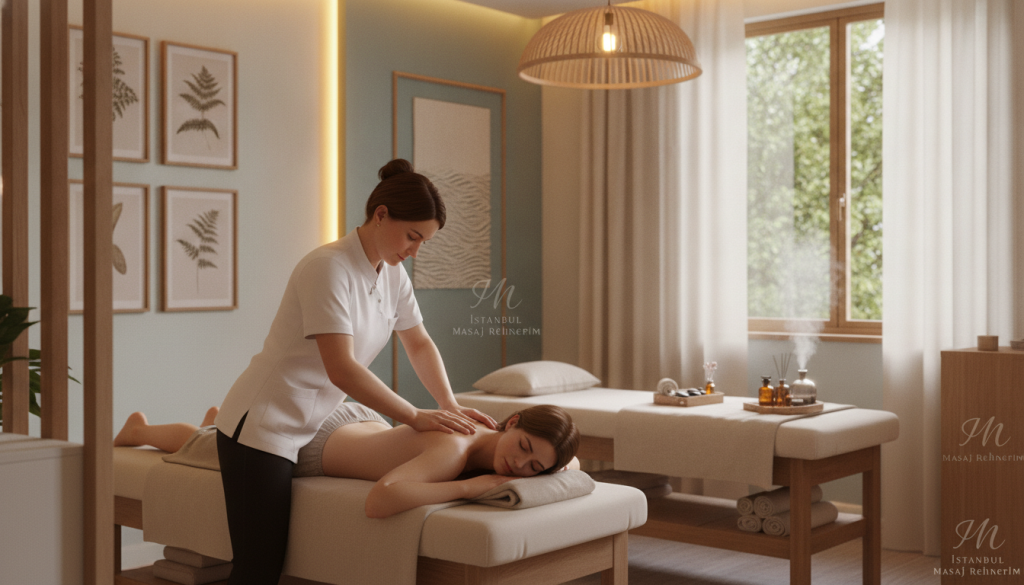 A serene massage therapy room in Kadıköy, focusing on the physical benefits of massage. In the foreground, a trained massage therapist dressed in professional attire is performing a relaxing back massage on a client, who is wearing comfortable, modest clothing. The therapist's hands are gently manipulating the client's muscles, showcasing the therapeutic process. In the middle ground, plush massage tables and soothing ambiance are visible, with essential oils and soft towels adding to the atmosphere. The background features calming colors, warm lighting that creates an inviting environment, and nature-themed decorations. Soft, natural light filters through a window, enhancing the serene mood. The scene embodies the concept of wellness and relief provided by massage therapy, with the brand "İstanbul Masaj Rehberim" subtly implied through the setting.