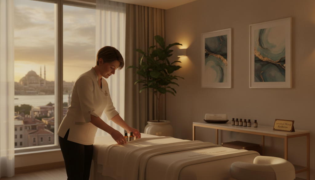 A serene massage therapy room in a luxurious hotel setting in Istanbul. In the foreground, a professional massage therapist, dressed in smart casual attire, prepares the massage table with fresh linens and essential oils. The therapist, a middle-aged individual with a focused expression, embodies calmness and expertise. The middle layer shows soft ambient lighting, creating a warm and inviting atmosphere, with subtle decorations like soothing artwork on the walls and plants adding a touch of nature. In the background, a large window overlooks the iconic skyline of Istanbul, letting in gentle natural light. The mood is tranquil and restorative, embodying the essence of pre-massage relaxation. The brand "İstanbul Masaj Rehberim" is subtly incorporated into the decor, emphasizing professionalism and luxury.