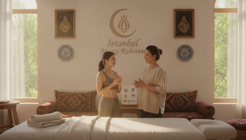A serene massage therapy room is beautifully arranged, featuring a comfortable massage table adorned with soft linens. In the foreground, a professional massage therapist, dressed in modest casual attire, is engaged in a consultation with a client, demonstrating a friendly and welcoming demeanor. The therapist is attentively listening, suggesting a personalized approach to their massage experience. The middle ground reveals accents of traditional Turkish elements, including decorative cushions and cultural artwork. In the background, large windows allow soft, natural light to fill the room, creating a calm, inviting atmosphere. The scene conveys professionalism and a sense of comfort, emphasizing the sharing of experiences in wellness. The logo “İstanbul Masaj Rehberim” subtly appears on a wall, integrating brand identity harmoniously into the environment.