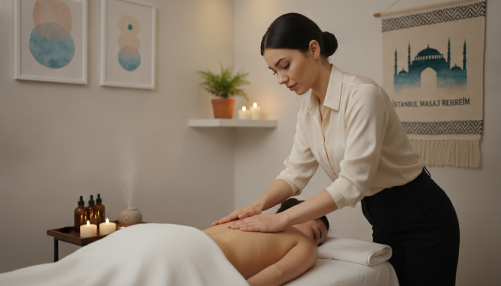 A serene massage therapy session in a professional setting, showcasing a skilled therapist in smart business attire, attending to a client on a massage table surrounded by calming decor. The foreground features the therapist's focused expression, illuminated by soft, warm lighting from overhead lamps. In the middle, the massage table is covered with clean linens, with soothing essential oils and candles artfully arranged nearby. The background features a small, lush indoor plant and tastefully framed art on the walls, enhancing the tranquil atmosphere. The overall mood is calm and inviting, conveying a sense of trust and satisfaction akin to customer feedback. The brand name “İstanbul Masaj Rehberim” subtly incorporated into the scene without explicit text.