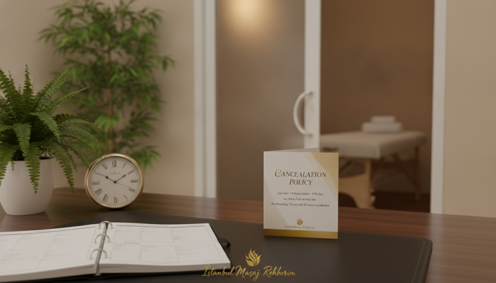 A serene office environment showcasing a professional massage therapist's appointment cancellation policies. In the foreground, a polished wooden desk with a neatly arranged appointment calendar, a clock, and a decorative plant, symbolizing organization and professionalism. The middle layer features a stylish brochure titled "Cancellation Policy," open and displaying important details in an elegant, readable font. In the background, soft ambient lighting enhances a calming atmosphere, with soft green plants and a cozy massage room visible through a partially opened door. The scene conveys a sense of trust and professionalism, reflecting the brand "İstanbul Masaj Rehberim." The mood is peaceful and inviting, suitable for those considering therapy appointments. Ideal photo angle: slightly elevated, with a soft focus on the background.