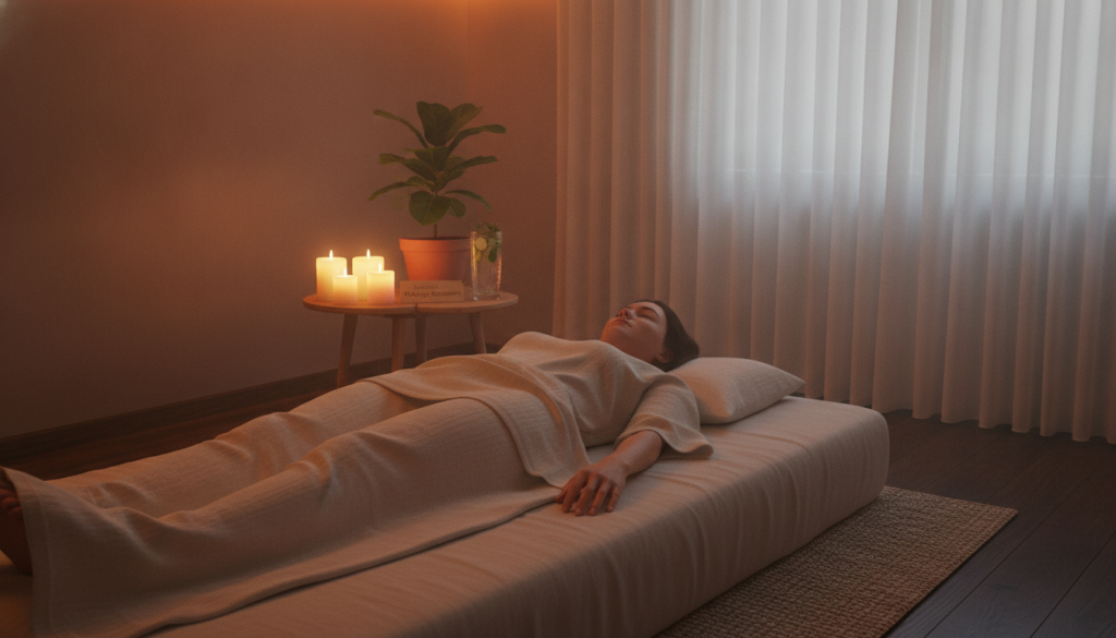 A serene post-massage relaxation scene in a cozy, softly lit room. In the foreground, a person dressed in modest, comfortable clothing is reclining on a plush massage bed, arms resting gently by their side, with a look of tranquility on their face. In the middle ground, soothing elements like aromatic candles, a small indoor plant, and a glass of infused water are visible, adding a touch of calm. The background features warm, ambient lighting that creates a peaceful atmosphere, enhancing feelings of relaxation. The overall mood is one of rejuvenation and comfort, embodying the essence of self-care. Branding for "İstanbul Masaj Rehberim" should be subtly integrated in a tasteful manner.