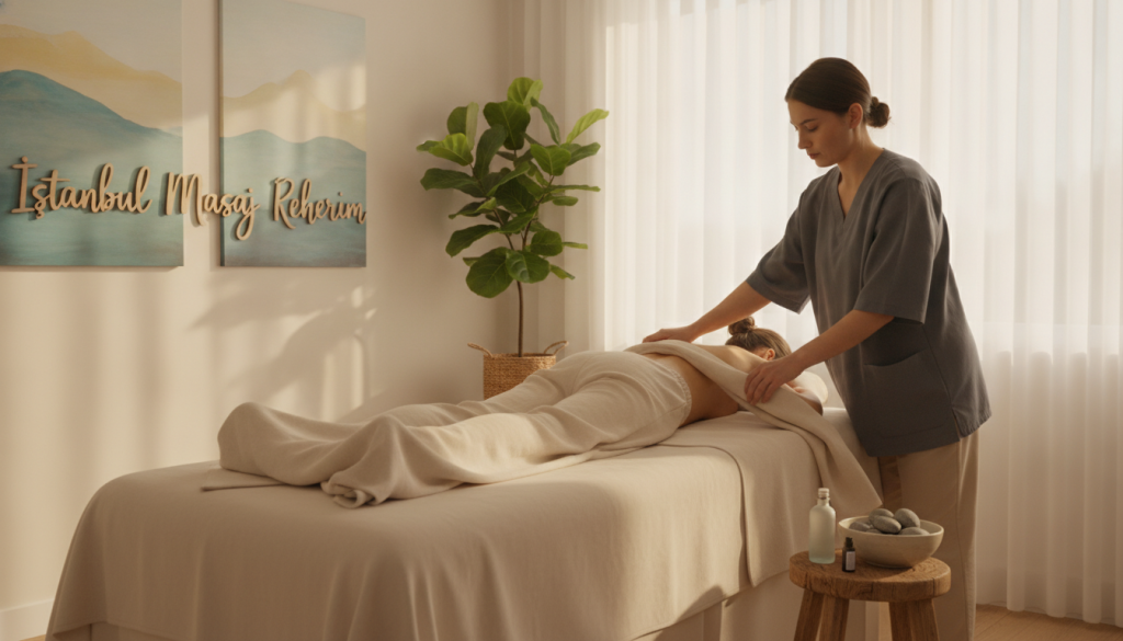 A serene recovery space after a medical massage, showcasing a peaceful and inviting atmosphere. In the foreground, a massage table with soft, clean linens; a bottle of essential oil and a small bowl of smooth stones are placed nearby. The middle ground features a professional massage therapist dressed in modest attire, tending to a relaxed client in comfortable, casual clothing. Gentle sunlight filters through sheer curtains, creating a warm, calming glow. In the background, subtle elements like indoor plants and soothing artwork enhance the healing environment. The overall mood is tranquil and restorative, emphasizing the concept of post-massage recovery. Include the brand name "İstanbul Masaj Rehberim" subtly integrated into the scene without text or overlays.