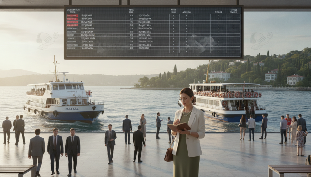 A serene scene depicting a busy ferry terminal, specifically in Adalar, showcasing ferry schedules prominently displayed for massage appointment planning. In the foreground, a professional woman in modest business attire is studying the ferry timetable on a digital screen, with a thoughtful expression. The middle ground features the bustling transportation area with ferries arriving and departing, surrounded by well-dressed passengers. In the background, the picturesque coastal view of Adalar with lush greenery and soft waves creating a calming atmosphere. The lighting is soft and warm, evoking a pleasant sunrise, with reflections on the water. Emphasize cleanliness and organization in this image, conveying professionalism and tranquility. The brand "Butik Masaj Rehberim" should be subtly integrated into the setting without explicit text.