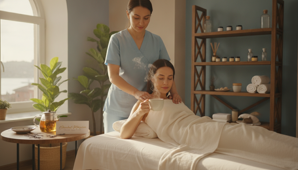 A serene scene depicting a post-massage care and recovery process in a peaceful spa setting in Üsküdar. In the foreground, a relaxed individual in modest casual clothing is sipping herbal tea and resting on a soft spa treatment bed. In the middle ground, a professional massage therapist gently applies a soothing cream on the client's shoulders, showcasing a caring atmosphere. Natural light filters in from a large window, illuminating the tranquil space decorated with plants and calming colors. The background features a neatly arranged shelf with essential oils and wellness products, emphasizing the theme of self-care. Mood is calm and restorative. Branding is subtly integrated into the environment, showcasing "İstanbul Masaj Rehberim" on elegantly designed spa brochures or product labels.