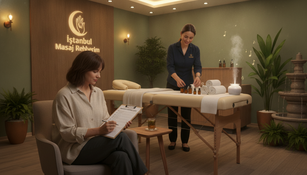 A serene scene depicting the therapeutic massage appointment process in Zeytinburnu, highlighting an inviting massage therapy room. In the foreground, a client, dressed in modest casual clothing, sits comfortably in a chair, reviewing a checklist for their appointment. In the middle ground, a professional therapist in business attire prepares the space, arranging calming essential oils and soft towels. The background features soft, ambient lighting that enhances the tranquil atmosphere, with soothing colors on the walls and plants providing a touch of nature. A soothing water feature creates soft sounds, while gentle music plays, promoting relaxation. The logo "İstanbul Masaj Rehberim" is subtly incorporated into the décor. The overall mood is peaceful and professional, emphasizing the organized nature of the appointment process and the care taken in preparation.