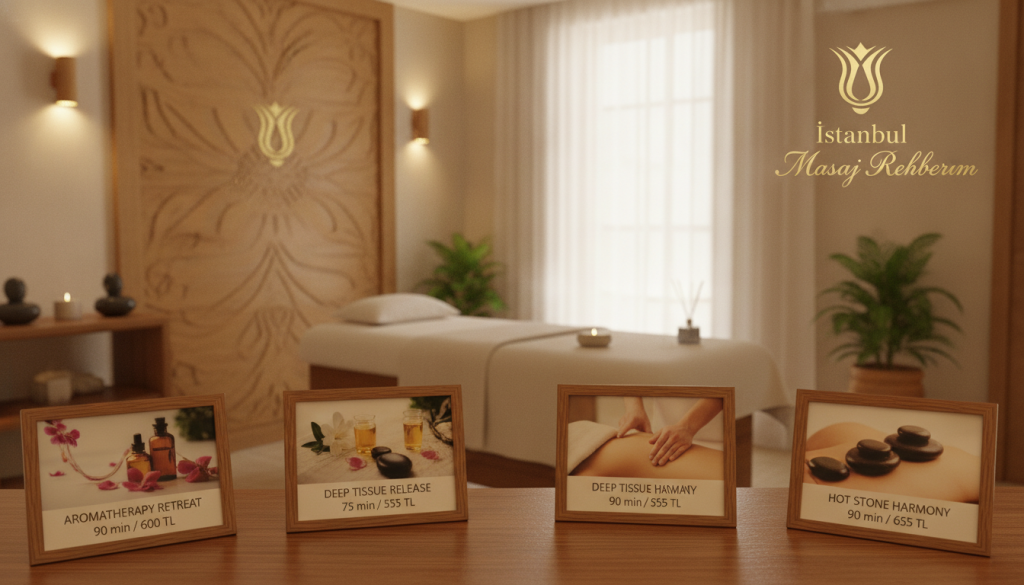 A serene spa scene showcasing the pricing options for massage therapy in Bakırköy. In the foreground, a neatly arranged display featuring various packages, each clearly labeled with professional and inviting visuals, demonstrating different service options such as aromatherapy and deep tissue massage. In the middle ground, a calming massage room with soft lighting, plants, and tranquil decorations to evoke relaxation. The background features a sophisticated logo of "İstanbul Masaj Rehberim" subtly integrated into the decor. The atmosphere exudes professionalism and tranquility, with warm, inviting colors and gentle lighting, capturing the essence of wellness and self-care in a Turkish spa setting. The composition is focused and detailed, presenting a holistic view of massage therapy pricing in a refined manner.