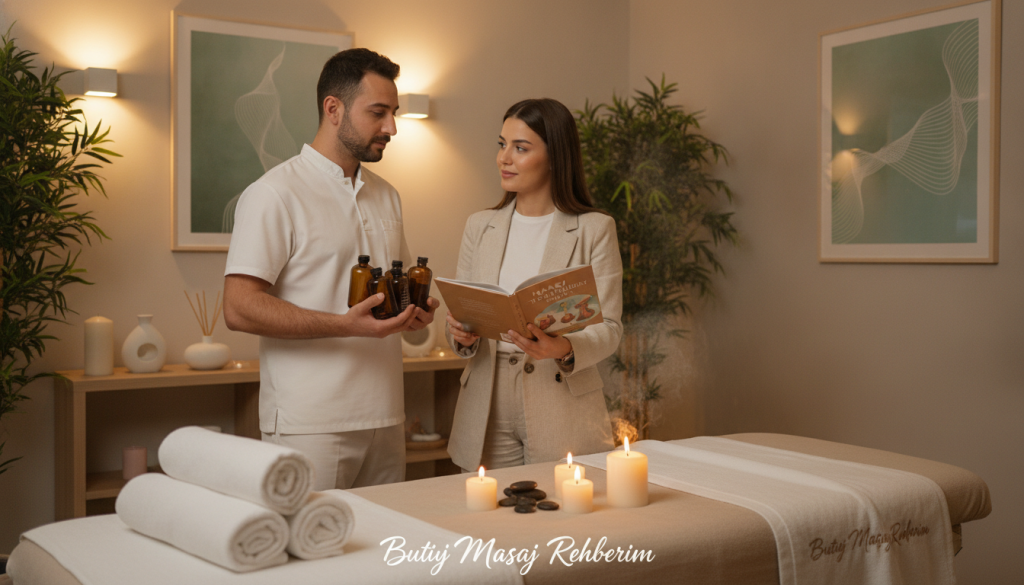 A serene spa setting in Arnavutköy, focusing on a male and a female masseur choosing massage techniques. In the foreground, the male masseur, dressed in professional attire, holds a selection of essential oils, while the female masseur, also in business casual clothing, consults an illustrated guide on massage methods. In the middle, there is an elegantly arranged massage table adorned with fresh towels and aromatic candles, creating a calming atmosphere. The background showcases a softly lit room with plants, natural wood accents, and peaceful artwork depicting wellness themes. The warm lighting emphasizes the tranquil mood, inviting clients to experience relaxation. Include the brand name "Butik Masaj Rehberim" subtly integrated into the environment, ensuring a professional and inviting feel.