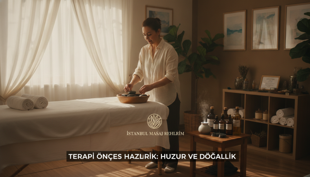 A serene therapy massage preparation scene in Çatalca, featuring a cozy, softly lit massage room. In the foreground, a massage table is neatly arranged with clean white linens and soothing essential oils displayed on a small wooden table. A tranquil ambiance is created with warm, natural lighting filtering through sheer curtains, casting gentle shadows. In the middle of the scene, a professional massage therapist, dressed in modest casual clothing, is prepping tools and supplies, demonstrating a calm and focused demeanor. The background showcases calming artwork on the walls, potted plants, and a well-organized shelf with massage accessories. The overall mood is peaceful and inviting, ideal for relaxation. This image represents "İstanbul Masaj Rehberim" and highlights the needs before therapy sessions.