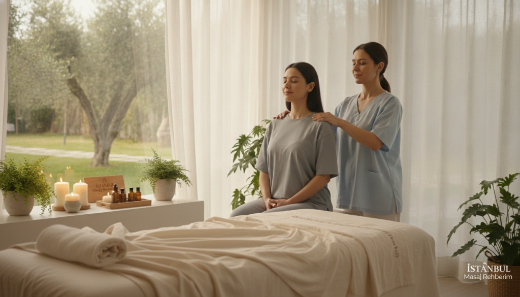 A serene wellness environment inspired by the concept of "Silivri wellness," focusing on relaxation techniques after a massage session. In the foreground, a cozy space with a comfortable massage table draped with soft, light-colored linens. A professional therapist, dressed in modest, professional attire, demonstrates relaxing post-massage techniques, such as gentle stretching or breathing exercises. In the middle ground, calming elements like aromatic candles, essential oil bottles, and potted plants enhance the tranquil atmosphere. The background features soft, natural lighting filtering through sheer curtains, creating a peaceful ambiance. The overall mood is one of relaxation and rejuvenation, promoting the idea of wellness after a therapeutic massage. The brand name "İstanbul Masaj Rehberim" subtly integrated into the scene.