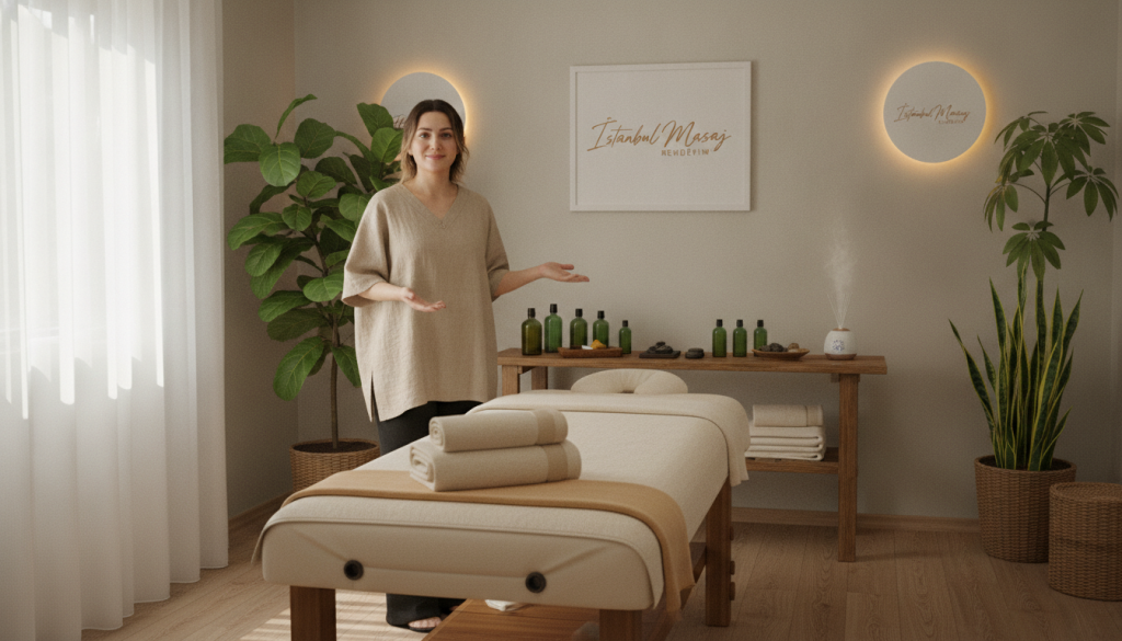 A serene wellness therapy room featuring various massage therapy types offered in Maltepe, Turkey. In the foreground, a massage table with soft, fluffy towels neatly arranged, and essential oils displayed on a wooden shelf nearby. In the middle, a professional therapist in modest casual clothing is preparing for a session, demonstrating a warm and welcoming demeanor. In the background, calming elements like potted plants and gentle ambient lighting create a tranquil atmosphere. Soft natural light filters through sheer curtains, adding a soothing touch to the space. The overall mood conveys relaxation and professionalism, ensuring a perfect depiction of the diverse therapy choices available. Include the brand name "İstanbul Masaj Rehberim" subtly integrated into the room decor.