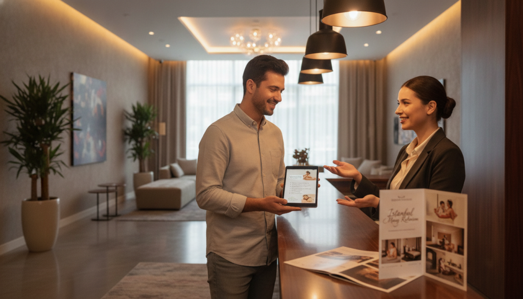 A stylish hotel reception area, elegantly decorated with warm lighting and modern furnishings. In the foreground, a well-dressed hotel receptionist wearing business attire is engaged in conversation with a relaxed guest, both smiling. The receptionist holds a tablet displaying information about massage therapy services, emphasizing the theme of communication. In the middle ground, a soft massage therapy brochure titled “İstanbul Masaj Rehberim” is subtly displayed on the reception desk, showcasing an inviting atmosphere. The background features a tastefully designed hotel lobby with potted plants and art. The image captures a warm and welcoming mood, with a focus on professional interaction and customer service, highlighting the importance of reception communication for guests seeking massage services.