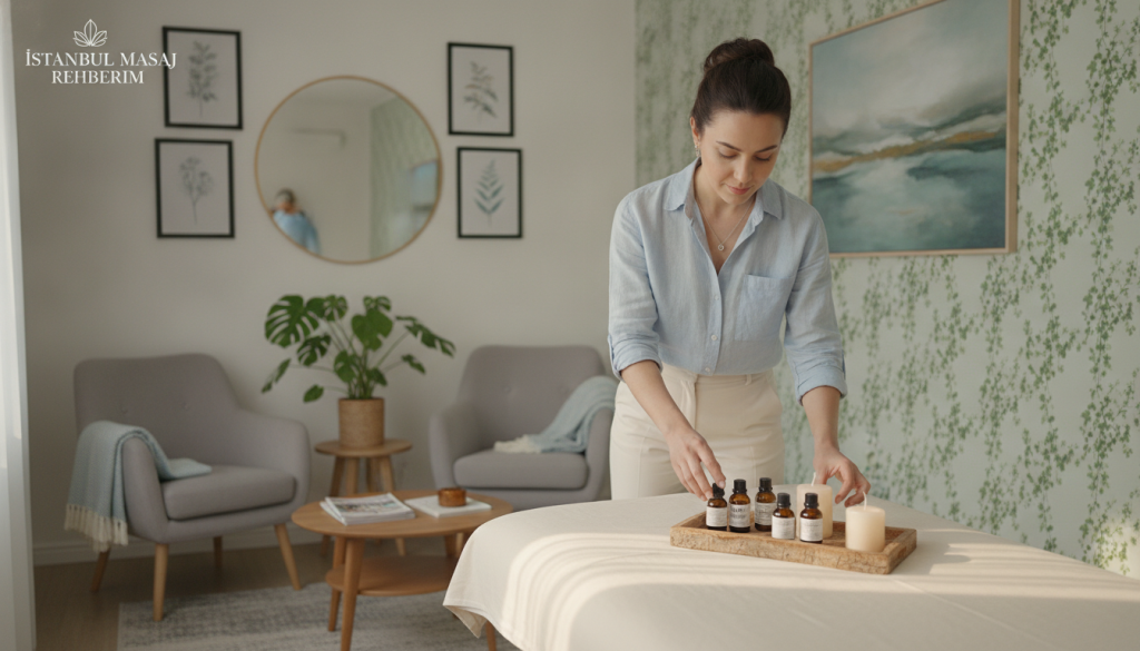 A tranquil and inviting scene depicting the process of preparing for a massage appointment in Pendik, Istanbul. In the foreground, a professional massage therapist in smart casual attire is seen arranging essential oils and aromatic candles on a clean, well-lit massage table. The middle layer shows a cozy waiting area with plush seating and tasteful decor that exudes relaxation, accentuated by warm, soft lighting. In the background, soft greenery and elegant wall art create an atmosphere of calmness and professionalism. The image captures the essence of serenity while emphasizing the importance of preparation when selecting a massage therapist. The logo "İstanbul Masaj Rehberim" subtly appears in the corner, reinforcing the brand identity. The overall mood is soothing and welcoming, making it perfect for the context of preparing for a massage therapy appointment.