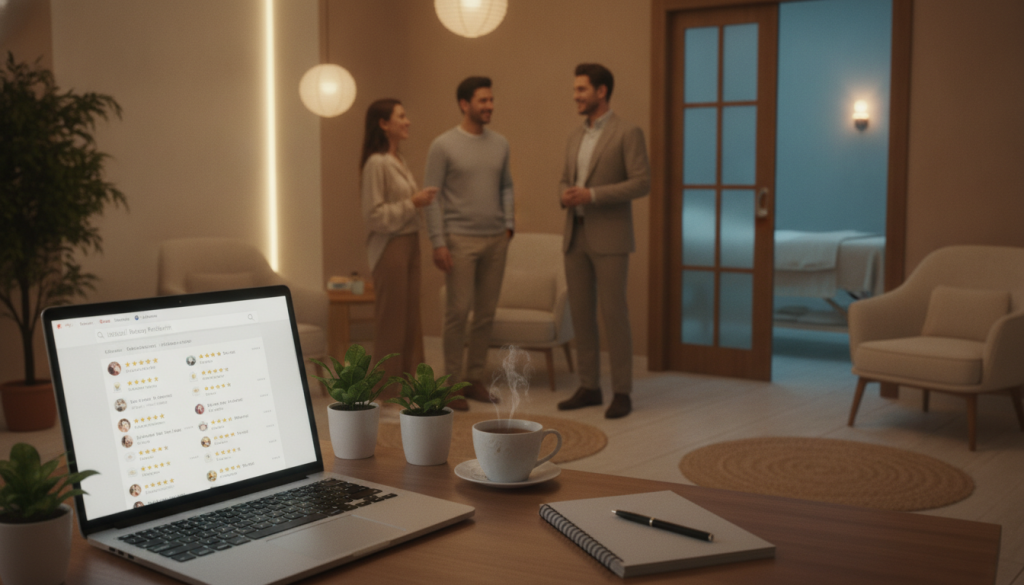 A tranquil and inviting scene representing customer evaluations of a massage salon named "Kartal Masaj Salonu". In the foreground, a well-organized desk holds a glowing laptop with an open review page displaying five-star ratings, surrounded by fresh green plants and a steaming cup of herbal tea. The middle ground shows a serene atmosphere with a softly lit reception area featuring calming decor, gentle textures, and inviting ambient lighting. Customers, dressed in smart casual attire, engage in warm conversations, reflecting trust and satisfaction. In the background, a relaxing massage room is subtly visible through a glass door, showcasing tranquil colors and a peaceful vibe. The atmosphere is soothing and professional, capturing the essence of “İstanbul Masaj Rehberim” and the importance of customer feedback in choosing a massage therapist.