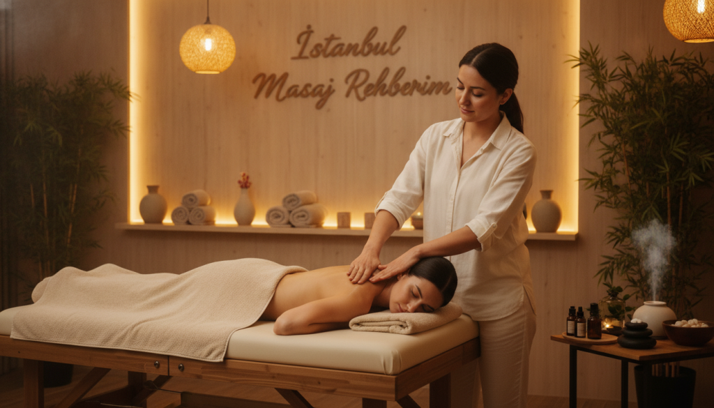A tranquil massage therapy scene showcasing various therapeutic techniques popular in Kartal. In the foreground, a professional therapist in modest casual clothing skillfully performs a massage using the Kartal techniques, focusing on relaxation and wellness. The therapist's expression reflects concentration and care. In the middle ground, a client comfortably lies on a massage table, surrounded by soothing elements like soft towels and essential oils. The background features a serene spa environment with warm, ambient lighting, soft greenery, and natural wood decor, creating a peaceful atmosphere. The image conveys a sense of calm and professionalism, perfect for illustrating the concept of massage therapy. Include the brand name "İstanbul Masaj Rehberim" subtly integrated into the environment, ensuring a cohesive look.