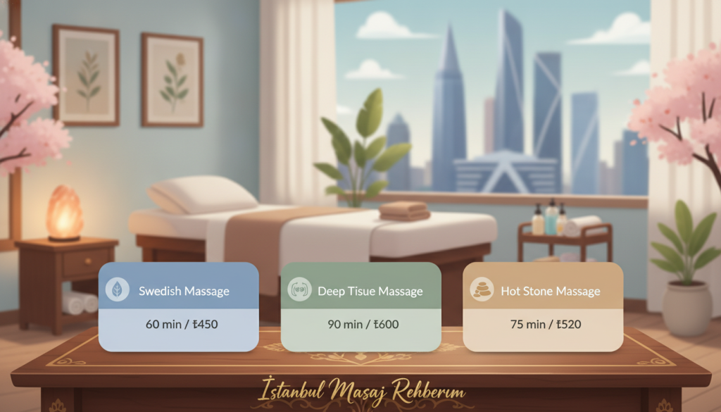 A visually appealing infographic-style illustration portraying the "Comparison of Massage Session Durations and Prices in Ataşehir." The foreground features an elegant table showcasing different massage types with corresponding durations and prices, each clearly labeled for easy comparison. In the middle ground, a calm and inviting massage therapy room is depicted, highlighting soft lighting, serene colors, and well-organized massage equipment. The background features iconic landmarks of Ataşehir subtly blended into a relaxing atmosphere. The mood is tranquil and professional, suggesting comfort and relaxation. Use a shallow depth of field to focus on the table while maintaining a soft blur on the background. Brand name "İstanbul Masaj Rehberim" is elegantly integrated into the design without any text overlays.