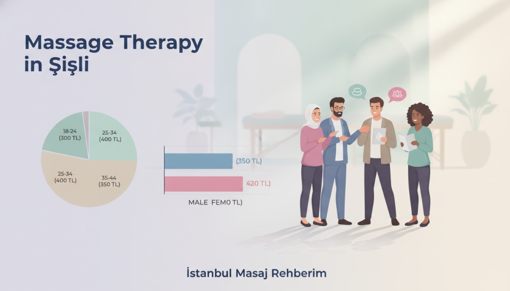 A visually engaging infographic depicting the demographic groups related to massage therapy pricing in Şişli. In the foreground, showcase a pie chart and bar graph representing age categories (18-24, 25-34, 35-44, 45+) and gender distribution (male, female) alongside their corresponding massage rates. In the middle ground, include stylized representations of diverse individuals in professional attire, engaging in discussion about massage preferences, emphasizing inclusivity. The background should feature subtle silhouettes of a spa environment with calming colors, ensuring a tranquil atmosphere. Use soft, natural lighting to evoke relaxation. The image should prominently display the brand name "İstanbul Masaj Rehberim" at the bottom in a clean, modern font. The overall mood should be informative and professional, suitable for an article illustrating pricing comparisons in massage therapy.