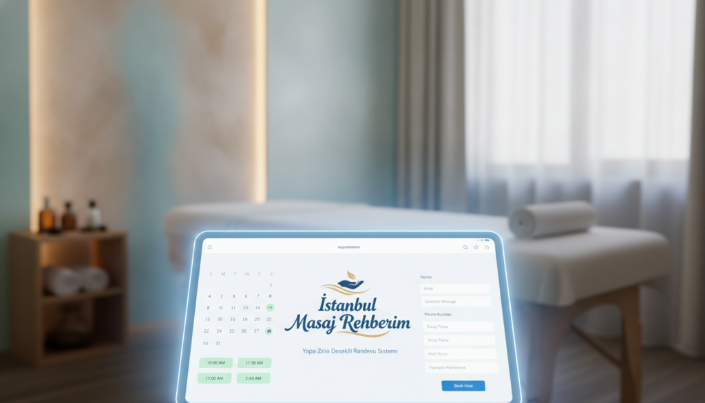 An online reservation system interface for a massage therapy service, designed with a modern and clean aesthetic. The foreground features a sleek digital interface displaying a calendar with available time slots and a customer-friendly appointment booking form. In the middle, a detailed illustration of the brand logo "İstanbul Masaj Rehberim" can be incorporated into the design, emphasizing a professional look. The background should depict a relaxing environment, possibly a tranquil massage studio with soft lighting, subtle gradients of soothing colors like soft blues and greens, suggesting calmness and serenity. Use a shallow depth of field to give focus to the booking interface, creating a sense of immediacy and professionalism in the context of integrating AI in massage therapy. The atmosphere should be peaceful and inviting, making the viewer feel compelled to book a session.